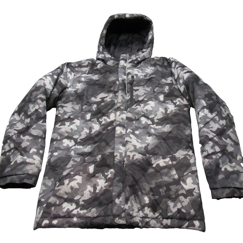 Columbia Jacket Boys Large Black Camouflage Hooded Insulated Full Zip Winter